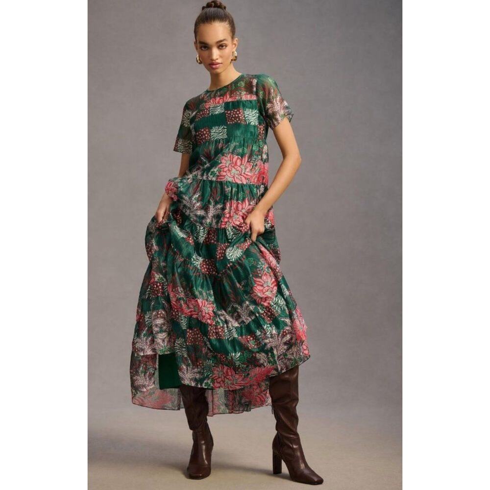 NEW Anthropologie Bhanuni Jyoti Tiered Short-Sleeve‎ Dress Size XXS Green Maxi